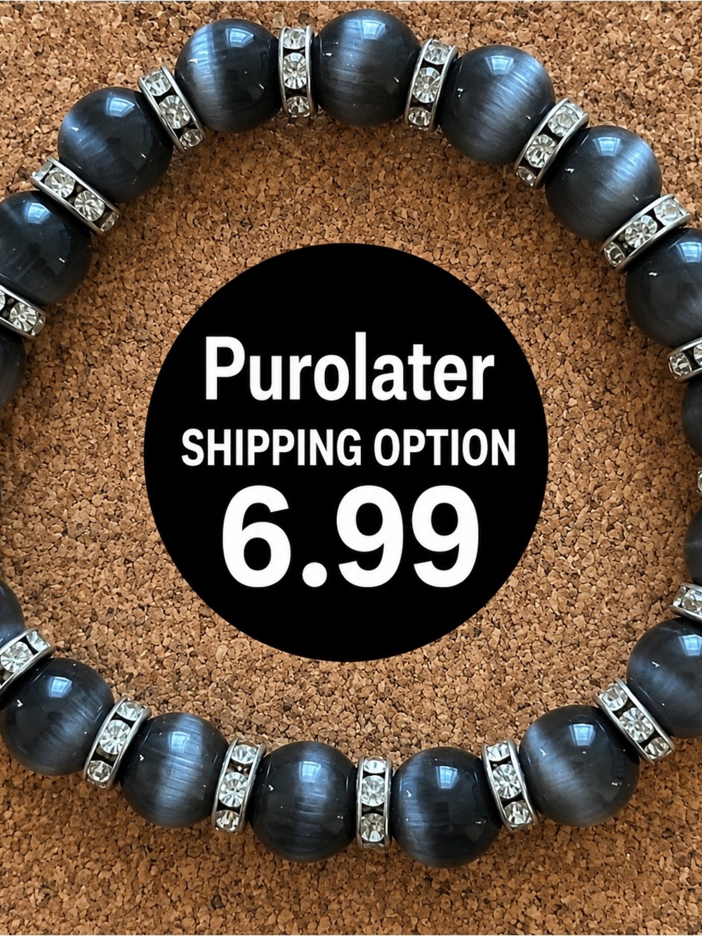 Black Gray Cats Eye Beaded Stretch Bracelet with Rhinestone Spacers NWT